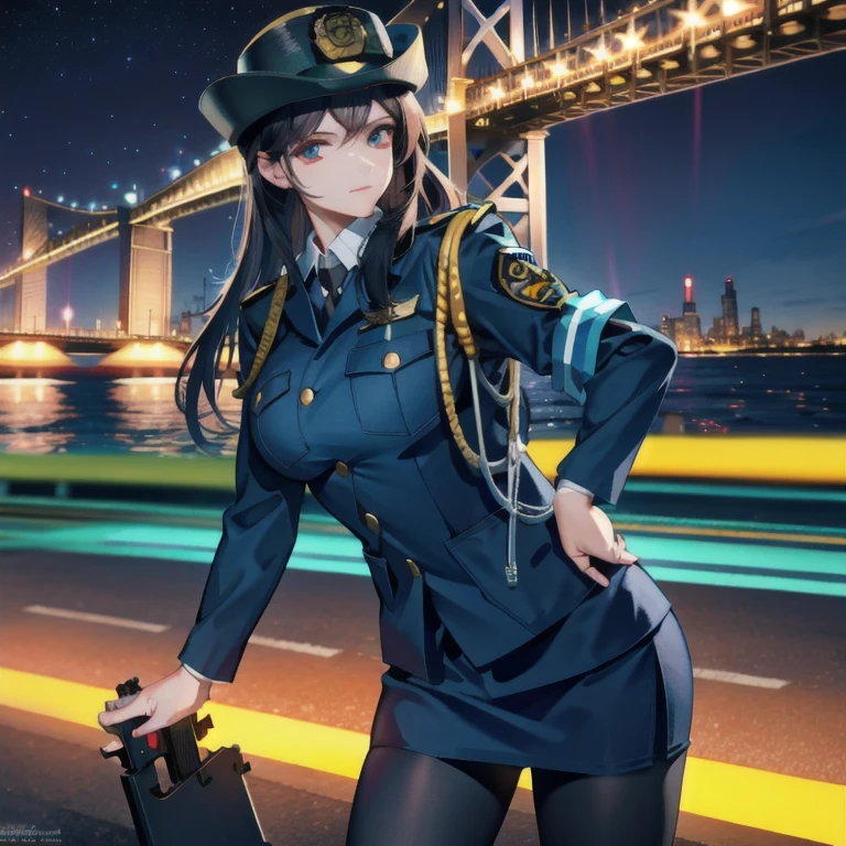 Ultra-high resolution, Ultra-high resolution, Ultra-high resolution, Ultra-high resolution, Big Breasts,Female police officer,Bay Bridge at night,Cowboy Shot