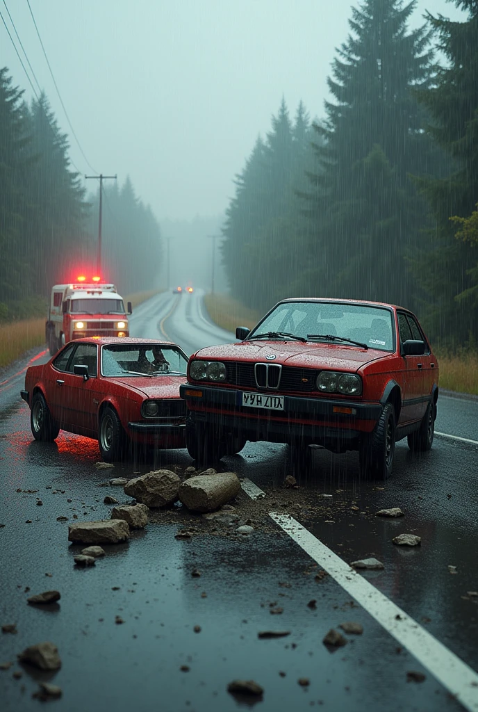 Generate an image of accident caused by overspeeding, where a driver loses his life and tragically hits a dog. The dog's blood forms a speedometer on the road, symbolizing the deadly consequences of reckless driving.