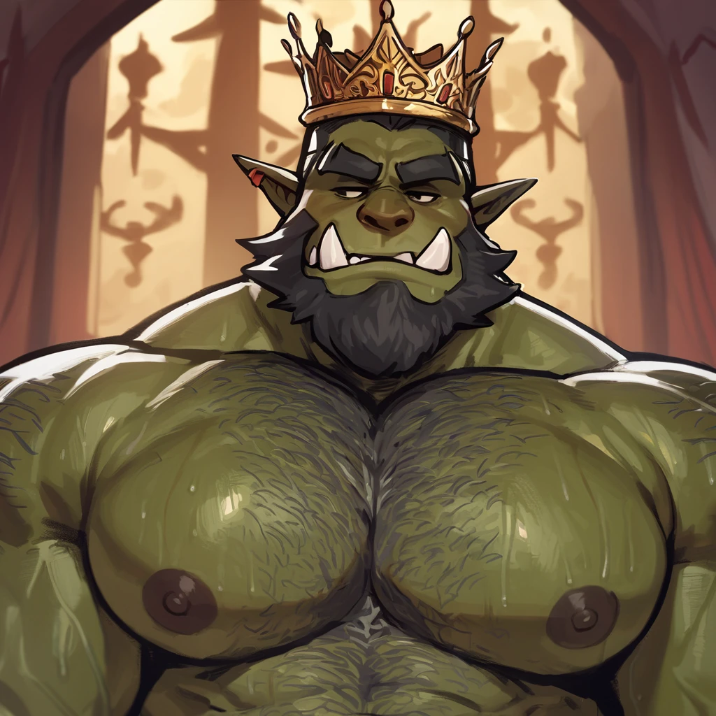 core_9, score_8_up, score_7_up, solo, male focus, male, ฺBulk orc, green skin, tusks, beard, palace , night, king crown , micro armor , shoulder armor , ( penis )  , asshole , dripping cum , ((( massive wood dildo )))  , full body , armor boots , laying spread legs , legs up , massive ass , Throne , ashamed face