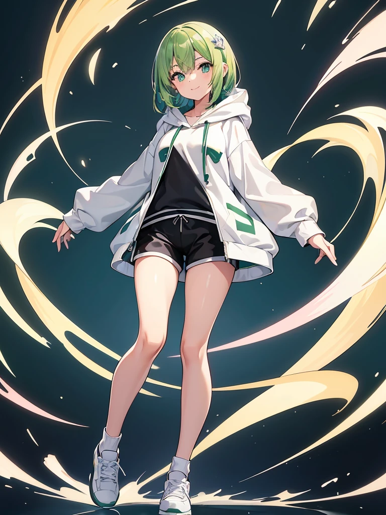 masterpiece,high quality,1 girl,full body,standing,blonde long hair,extremely detailed face,smile,simple background,wallpaper, Masterpiece,High Quality,(Full Length 1.2),Animated Standing, Black Shorts,(Black and White Open Hoodie),Black Open Hoodie,(Green Hair 1.4),Animated Girl with short green hair and green eyes,(Detailed Eyes 1.6),(Clear Eyes 1.4),(Beautiful Eyes 1.4),(Shining Eyes 1 .4), White cyan, Green hair, Detailed key animated art, Animated portrait, Shining eyes, Green haired girl, Green light hair, Black shorts, Gray shoes, White socks, Thighs,emotional, 4K ,closed mouth