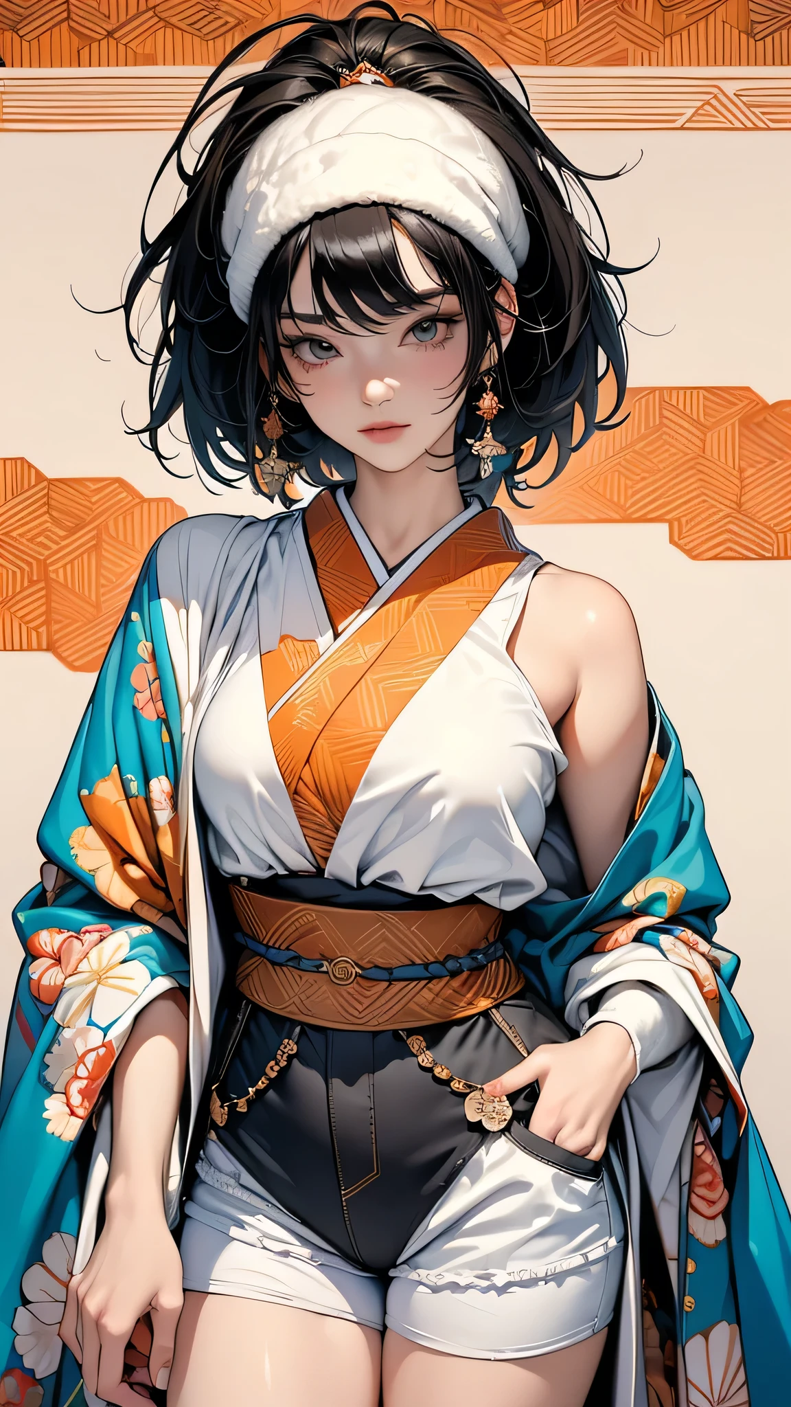 ((8k wallpaper extremely detailed CG unit, masterpiece, high resolution, Top quality, Top qualityのリアルテクスチャスキン)), (A very beautiful woman, Upper part of the body, Posing like a model:1.5, Japanese style short outer box:1.2, Parka, Ultra mini shorts), (black haired, Messy hair, White skin), ((Colorful background with geometric patterns, Japanese pattern background, warm color)), (Surrealism, number),