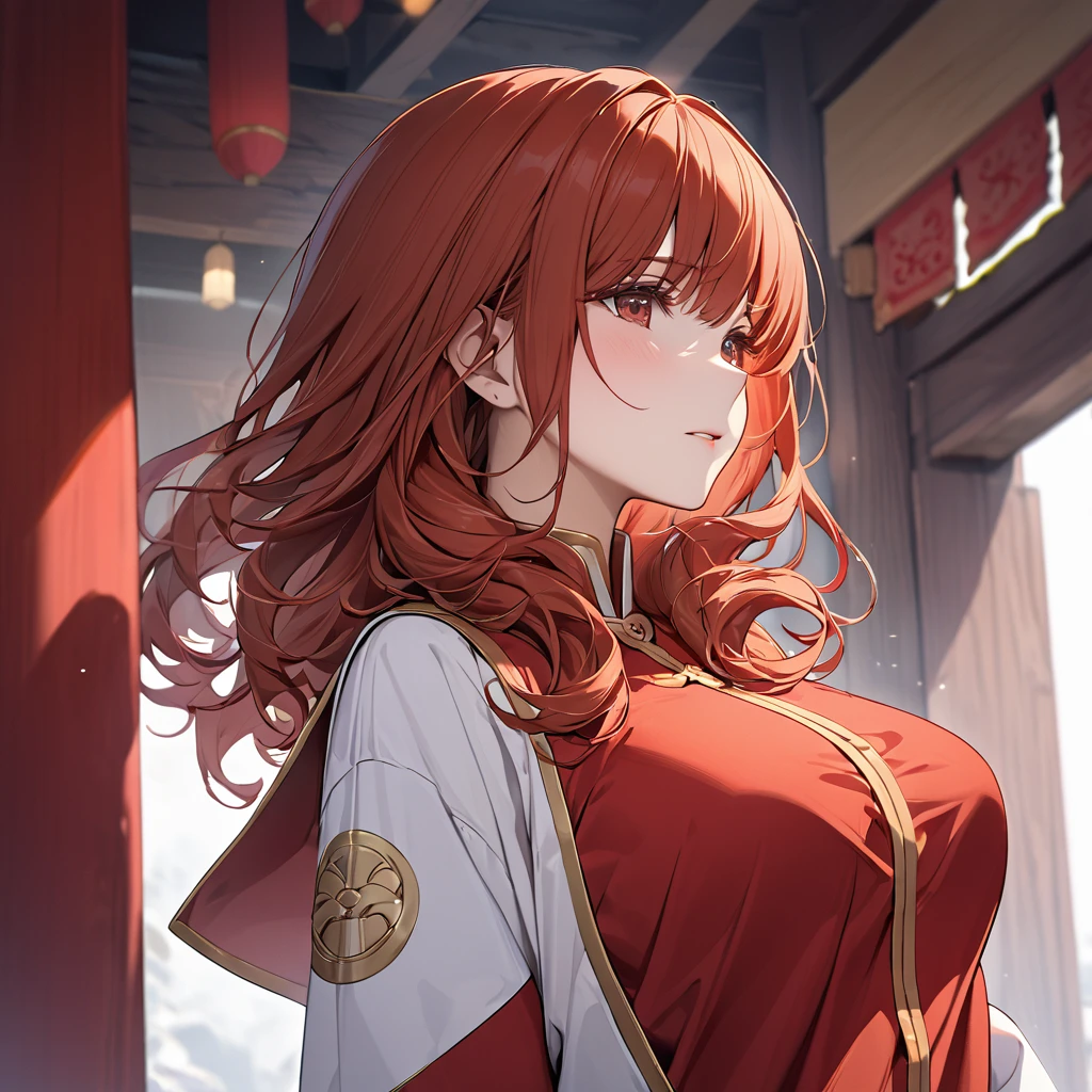 ((Highest quality)), ((masterpiece)), (detailed), （Perfect Face）The woman is a Celica with red hair.、The woman is wearing a Mao suit