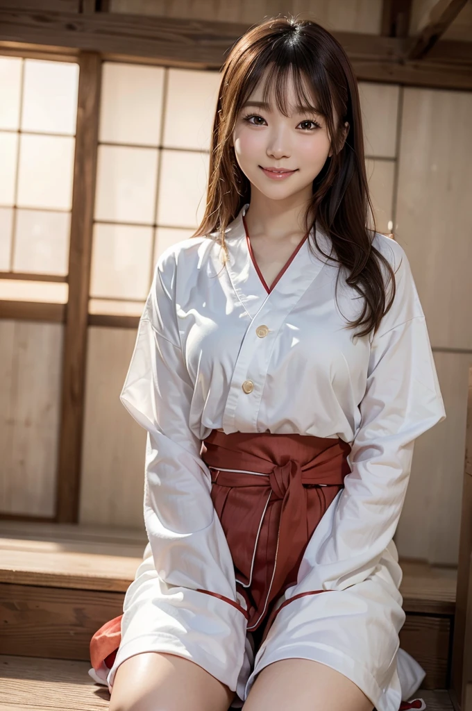 girl in ryokan room,cherry blossom floral white long-sleeved hakama top,white loincloth,no panties,18-year-old,bangs,a little smile,thighs,knees,straight hair with barrette with red bow,from below,front-light