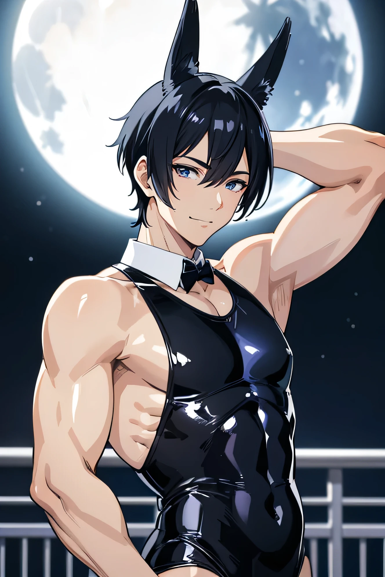Japanese Handsome model male smile Black Hair Short cut Short hair looking at the camera Shiny full-body silver long singlet Mega Bulge Shiny white silver latex singlet looking at the camera Bunny ears Black Hair future world Full moon in the background Upper body close-up Muscle training