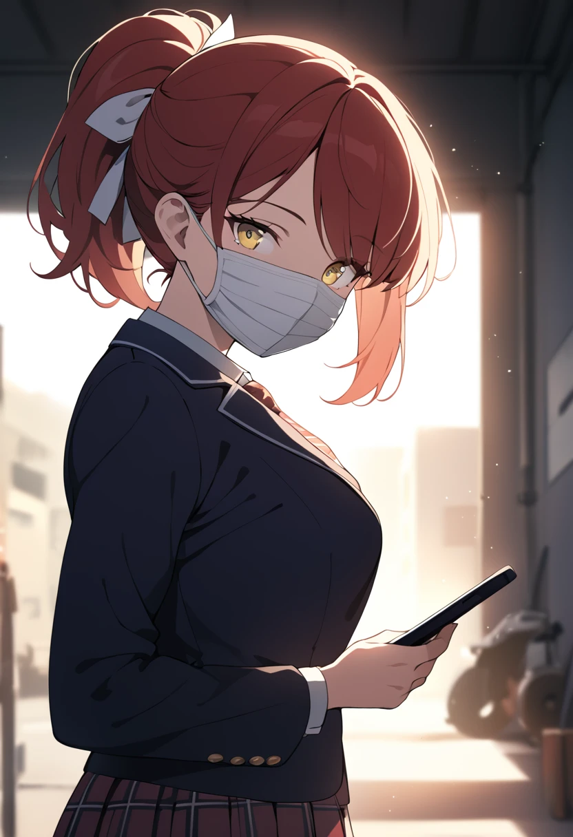 score_9, score_8_up, score_7_up, source_anime, 1girl, yellow eyes, room, wariza, short hair, Shag haircut, dark brown hair, Frowning face, serious face, portrait, blazer, starshadowmagician, solo, Adult woman, best perfect anatomy, thin, curvy body, medium breasts, curvy body, close up shot on person, a woman showing disappointed, lonely woman, standing pose, white shirt, black tie, format black vest, Long-sleeved shirt, black trousers, white gloves, wear a white surgical mask, dynamic angle. no light source, dark background, night days, dark hotel bedroom background,