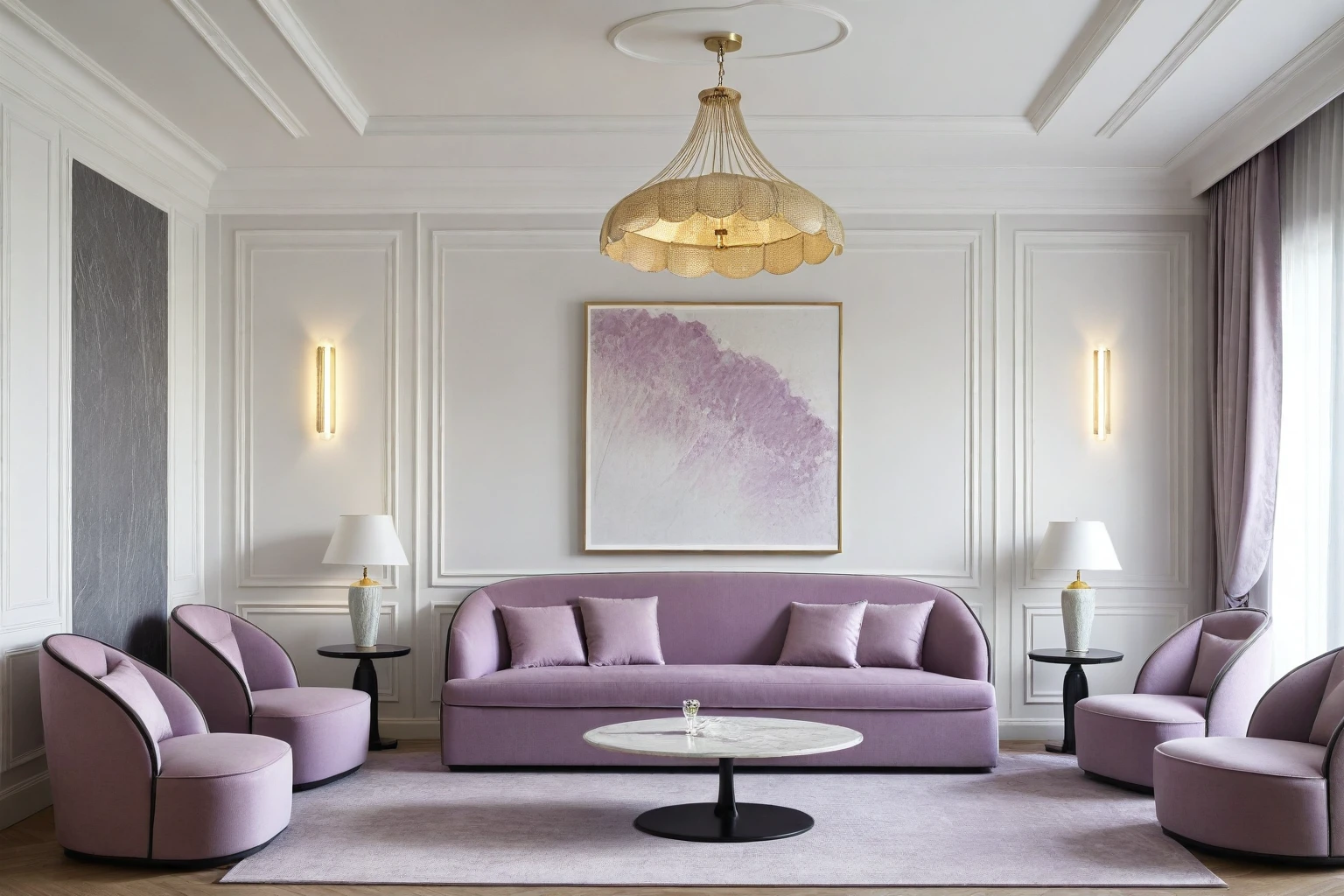 Neoclassical livingroom interior, white tone, wooden floor, gray carpet, ceiling light, light purple sofa and flower, picture, white curtain on the left, (picture:1.1), marble wall, many moldings, wall lamp,window, natural light