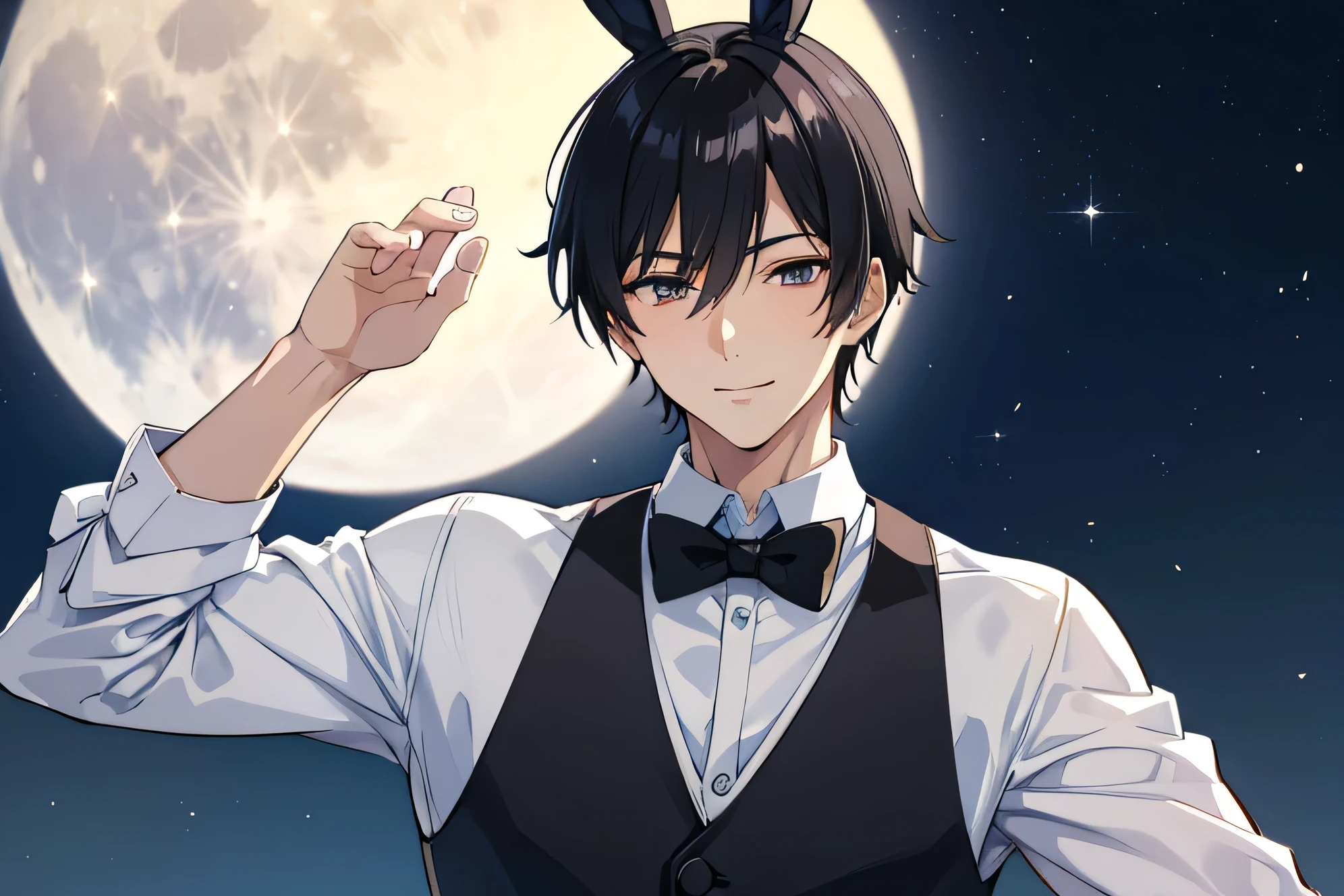 Japanese Handsome model male smile Black Hair Short cut Short hair looking at the camera Singlets Mega Bulge Shiny Latex Singlets A bow tie looking at the camera Bunny ears Black Hair future world Full moon in the background Upper body close-up