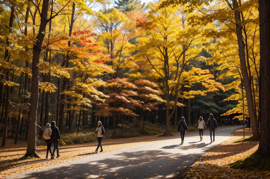 A crowd of people walking on the pavement with autumn leaves dancing