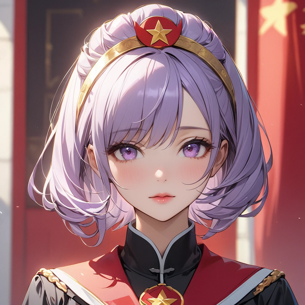 ((Highest quality)), ((masterpiece)), (detailed), （Perfect Face）、The woman has light purple hair in Extia Magica、The woman is wearing the Chinese Communist Party&#39;s Mao suit.