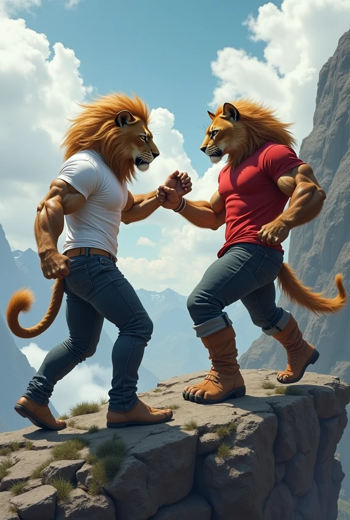 “((Masterpiece)), realistic style, ultra-detailed, high-quality, two anthro lions with muscular builds wearing boxing gloves and trunks, locked in a clinch inside the ring, struggling with exhaustion, coated in sweat and showing signs of fatigue.”
