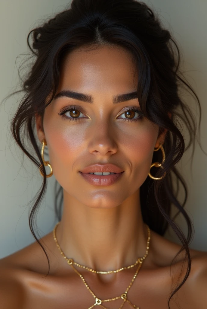 Detailed Close-up Portrait of a Stunning South American Woman, Stunner, Gorgeous Latina, Phenomenal Eyes, Long Brown Hair, Red Lipstick, Bare-faced, Full-lipped, Gold Hoops Earrings, Intimate Studio Setup, Neutral Color Palette, Luxurious Velvet Background, Visible Freckles, Glowing Skin Texture, Analog Style, Soft Cinematic Light, Sidelighting, High-Resolution Image, (Raw photo, Photorealism, Hyperdetailed, Incredible Details, intense focus)