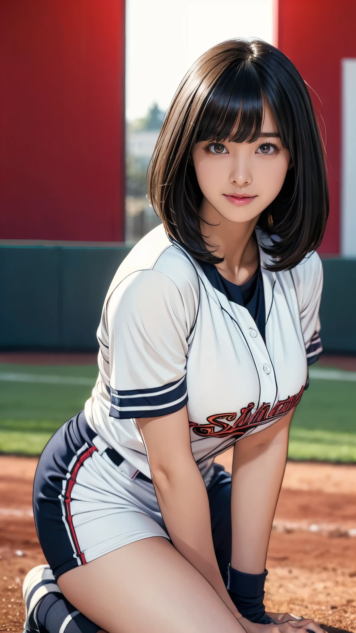 Tracer as a sexy baseball player, baseball field, sexy baseball uniform, cleavage, midriff, smiling, friendly expression, dynamic pose, bright lighting, warm colors, photorealistic, (best quality,4k,8k,highres,masterpiece:1.2),ultra-detailed,(realistic,photorealistic,photo-realistic:1.37)