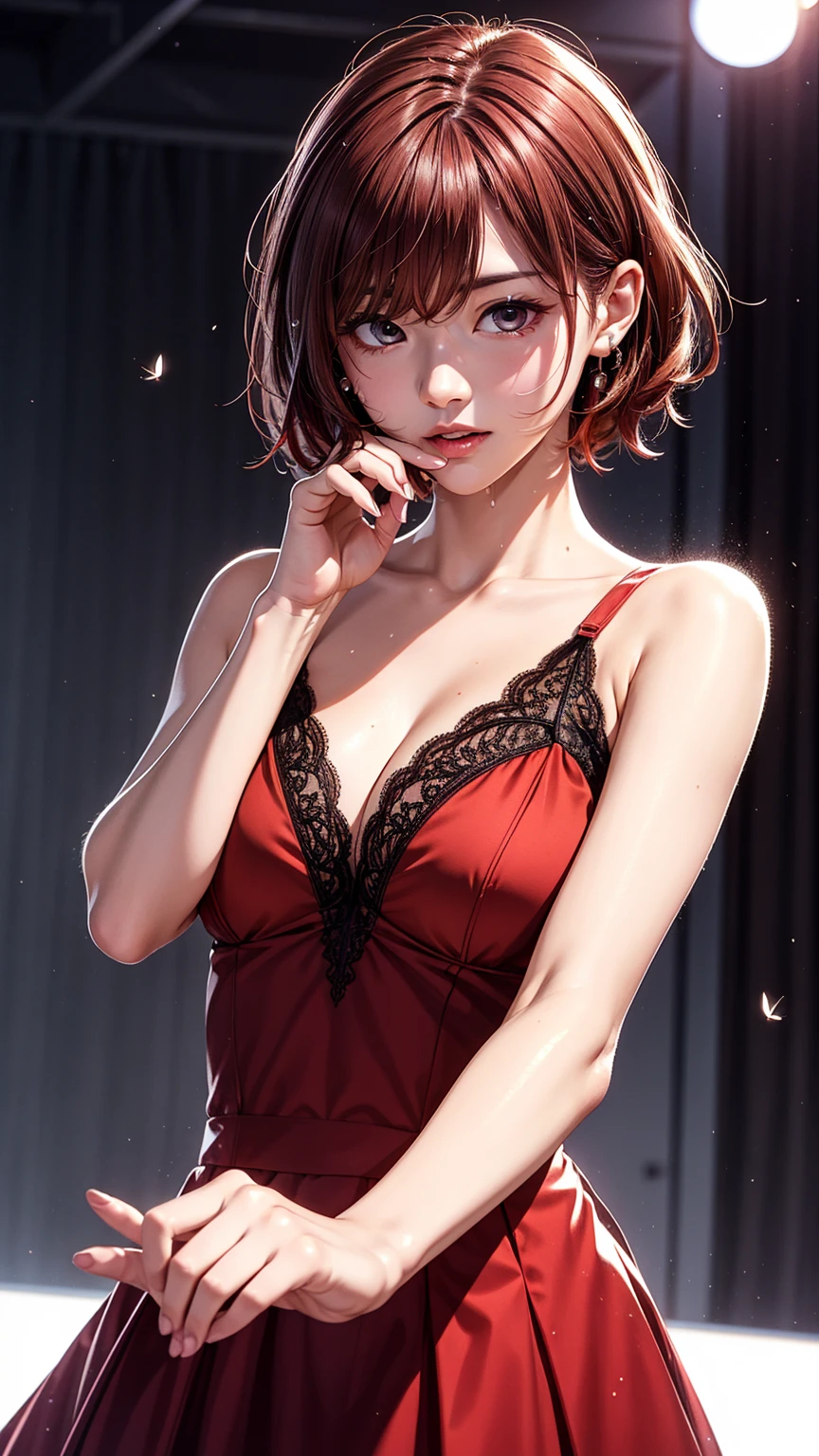 (1 girl),(masterpiece: 1.3), (beautiful: 1.2), (high quality: 1.2), (finely detailed: 1.2), (beautiful eyes: 1.5), portrait, realistic, 3D face, (bright eyes: 1.1), shiny hair, shiny skin, alone, embarrassed, abdomen, brown hair, black eyes, (lingerie: 1.3), full body, excellent anatomy, cute pose, cute hands, cameltoe.
