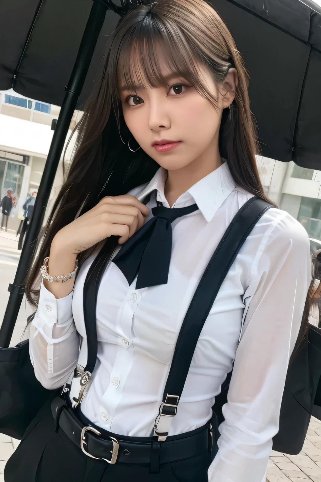 a woman in a suit, belt, hands behind back, sweating, suspenders, black pants, sexly, large breasts, see-through clothing, rain, detective, office worker, white button-up shirt, (best quality,4K,8k,highres,masterpiece:1.2),ultra-detailed,(realistic,photorealistic,photo-realistic:1.37),hyper-detailed,highly detailed face and body, Slender　thin　suspenders　Moderate breasts　See-through shirt　Nipples　holster　chain　Pistol　Armament　criminal　Female criminal　knife　japanese　profile　Japanese women　arrested handcuff　belt
