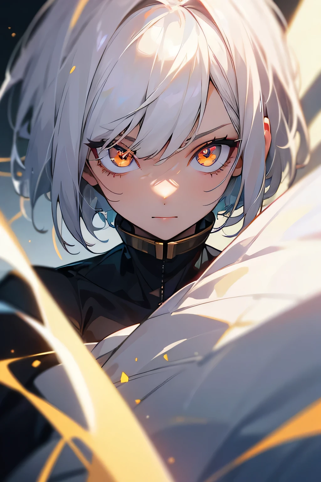 1 girl, solo, a high resolution, looks at the viewer, short hair, Platinum hair, white hair ends, Golden eyes, glowing eyes