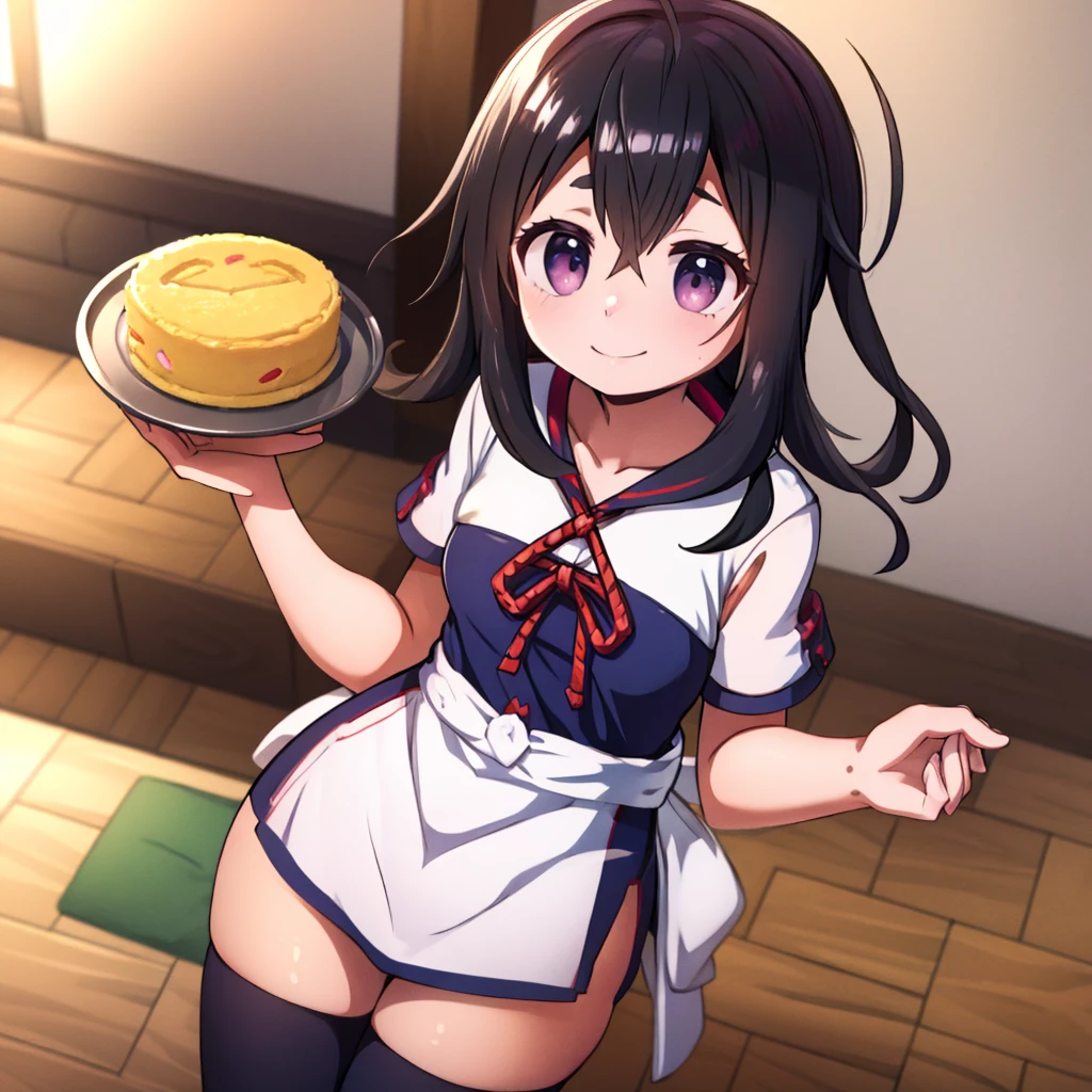 １Tea、１Two small cakes、The tray１Having one、Elementary school girl、slender、Petite、Droopy eyes、Black Hair、Small drill twin tails、waitress、White apron、smile、Close ~ eyes、Lift the corners of your mouth、White teeth、Thighs