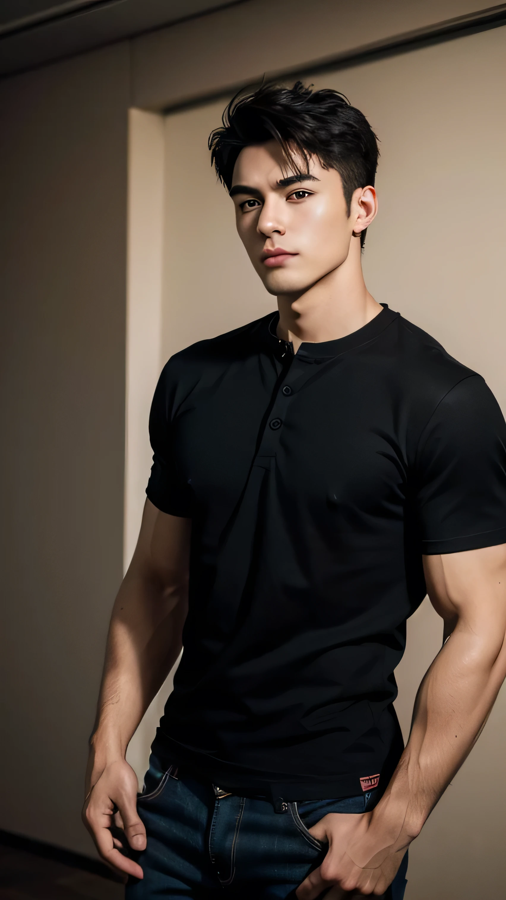 An attractive, young, muscular, black-haired, cynical and seductive man, bad boy, button t-shirt, black jeans, hyper-realistic, RAW photo, UltraHD 8K, high quality, film grain, (highly detailed skin: 1.2 )