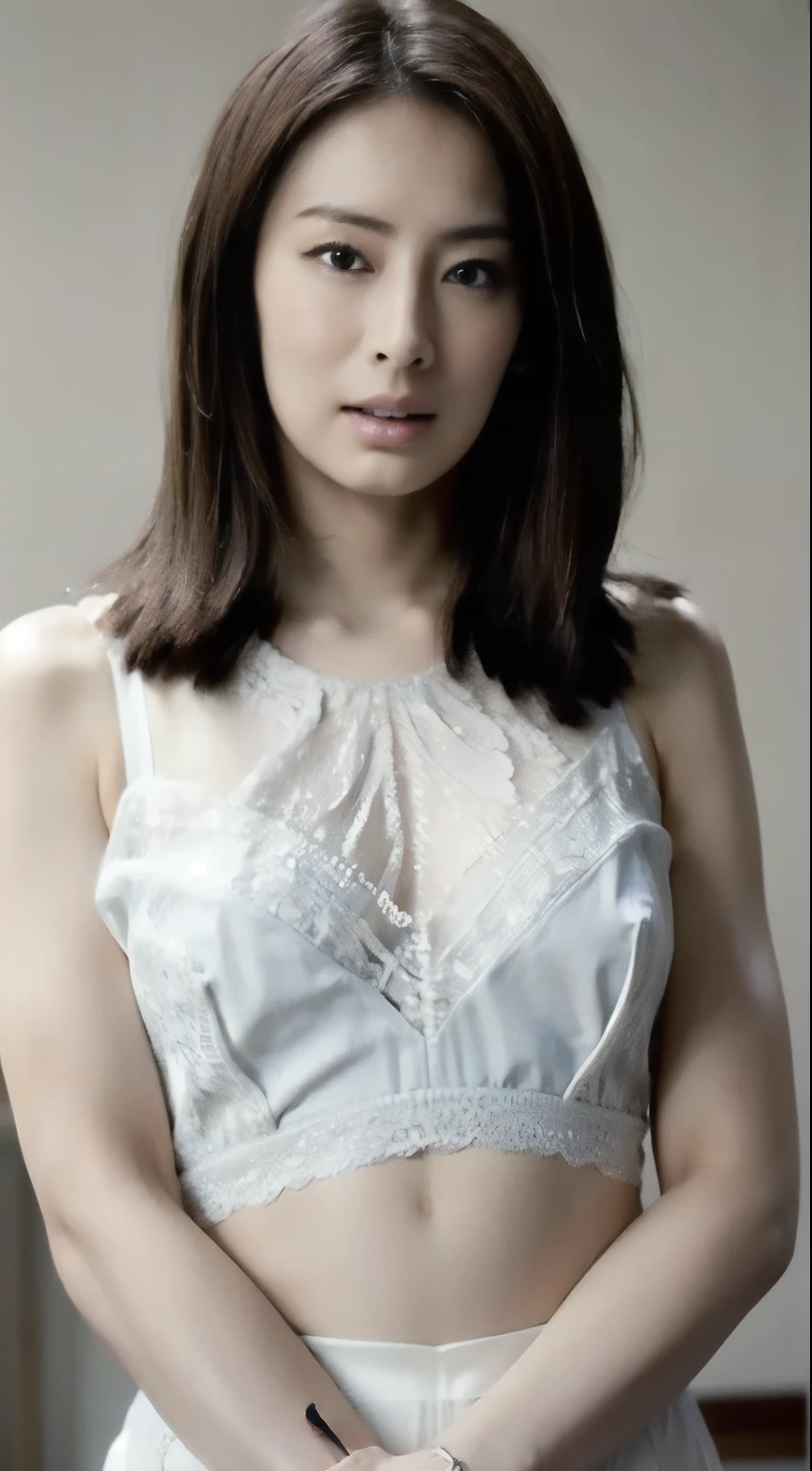Woman in white dress，white skinned，Beautiful neckline，Black color hair，Smooth neck line，with fair skin，Beautiful and generous