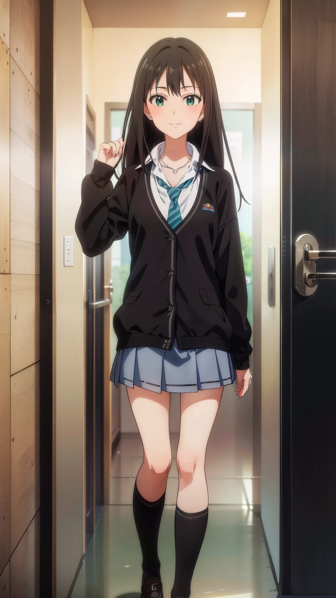 (masterpiece、Highest quality、In 8K、High resolution:1.2)、alone, One Girl, Rin Shibuya、 ((smile))、school uniform、 cardigan, tie, necklace, View your viewers、Cowboy Shot