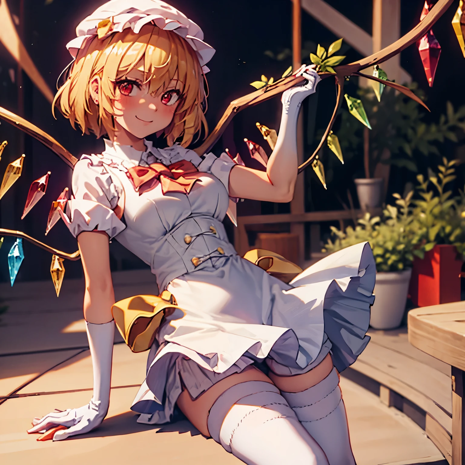 flandre_scarlet_touhou, blonde_hair, wings, red_eyes, crystal, bangs, ribbon, bow, blush, smile, vest, hair_between_eyes, red_bow, red_ribbon, hat_ribbon, short_hair, aether foundation employee, white clothes, pouch, thigh boots, gloves, white pantyhose,s hort shorts