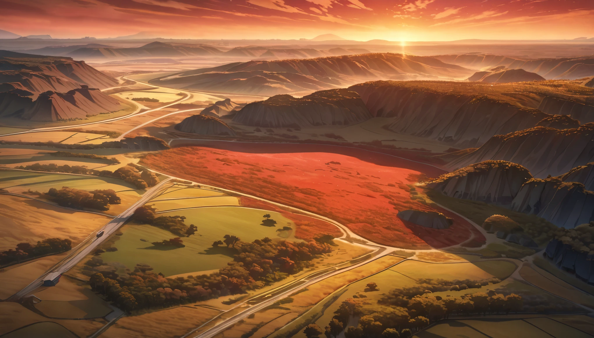  anime aestetics, anime scenery, savanna, wild horses running through the field, huge canion on the background, landscapes of america, dry grass, red stones, sunset, red skies, perfect quality, breathtaking view, wide shot, from above, perspective, atmospheric perspective, highres, best quality, 16k, award winning, super detail, masterpiece, UHD