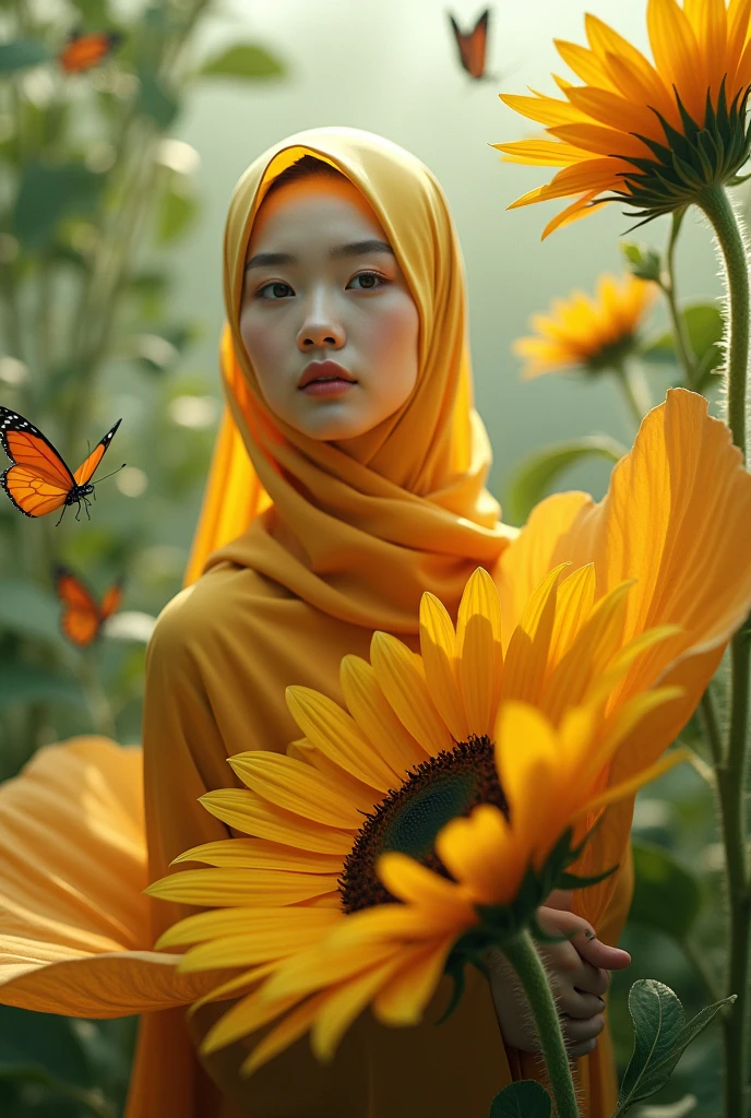 The most beautiful,thin,most pretty and clever Malaysian muslimah adult girl wears bee lycra turtleneck unitard catsuit covered with bee stripes with a pair of wings.She always wear bee lycra dancewear stretchy hijab covered with many stripes with a pair of long antennae.She is sitting on the sunflower.


