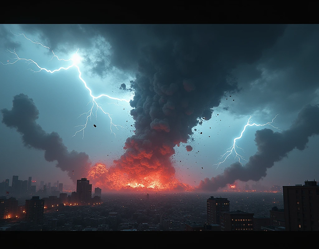 ((devastating destruction in the centre of a cyberpunk city)), ((huge cloud of smoke, atomic mushroom of smoke 1.3)), wide-angle, chaotic, flying particles, neon cyberpunk environment, smoke and explosion destruction, futuristic dystopian, gritty and grunge, photorealistic, (best quality, masterpiece), ultra-high resolution, 4k, highly detailed, epic composition, splash screen game, particellar effect, debris, fragments, momentous explosion, devastating explosion,