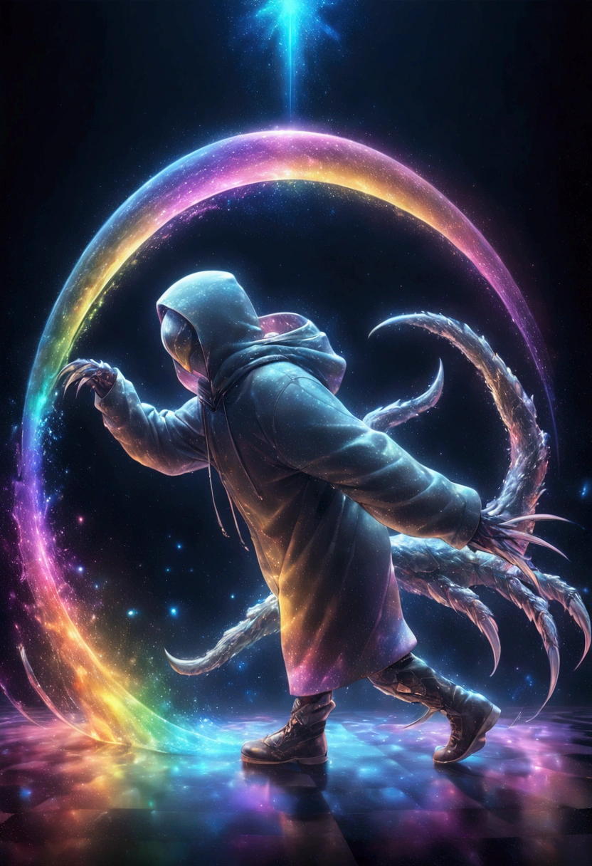 digital illustration, checkered floor falling in on itself, hooded figure coming out of crnter with dagger like claws, surreal, rainbow spectrum overlay effect, 