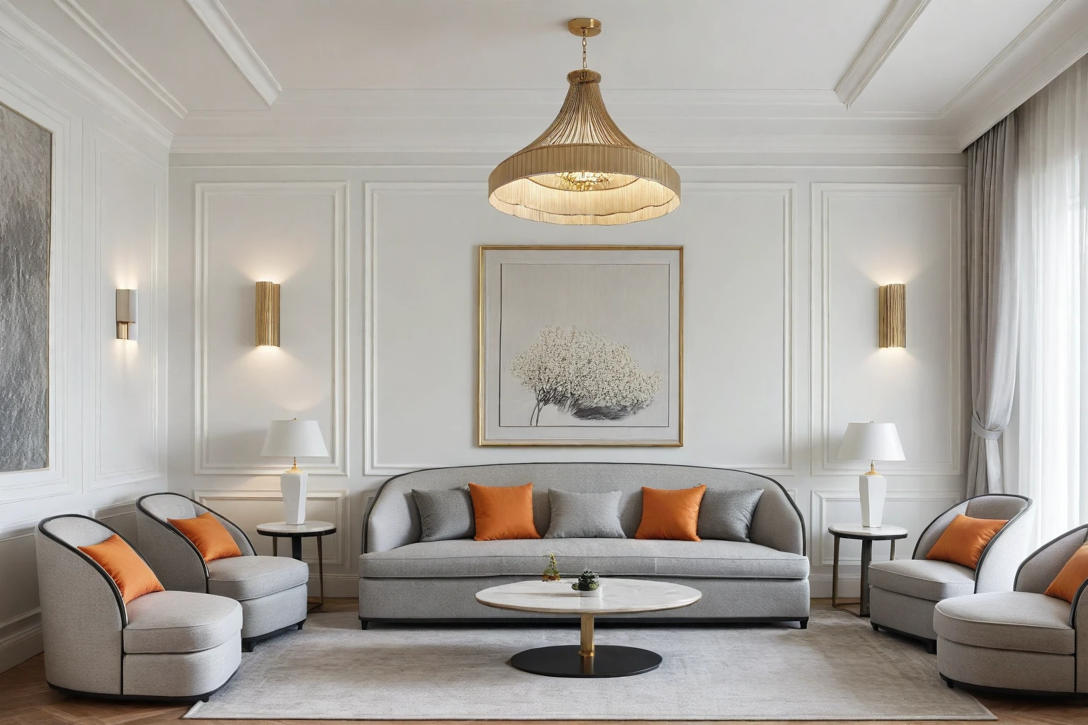 Neoclassical ( livingroom ) interior, white tone, wooden floor, gray carpet, ceiling light, light ( CARROT COLOR : 1.1) sofa and flower, picture, white curtain on the left, (picture:1.1), marble wall, many moldings, wall lamp,window, natural light