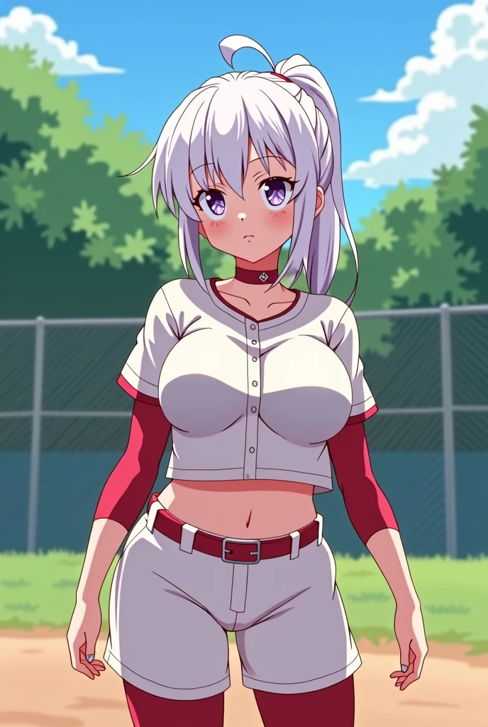 masterpiece, best quality, highres, Amira, long hair, bangs pinned back, topknot, forehead, choker, bare shoulder, cleavage, red mini shorts , sports bra,bow, sleeveless, cowboy shot, standing, outdoors, bar, smile, shy, blushing smile,showing ass