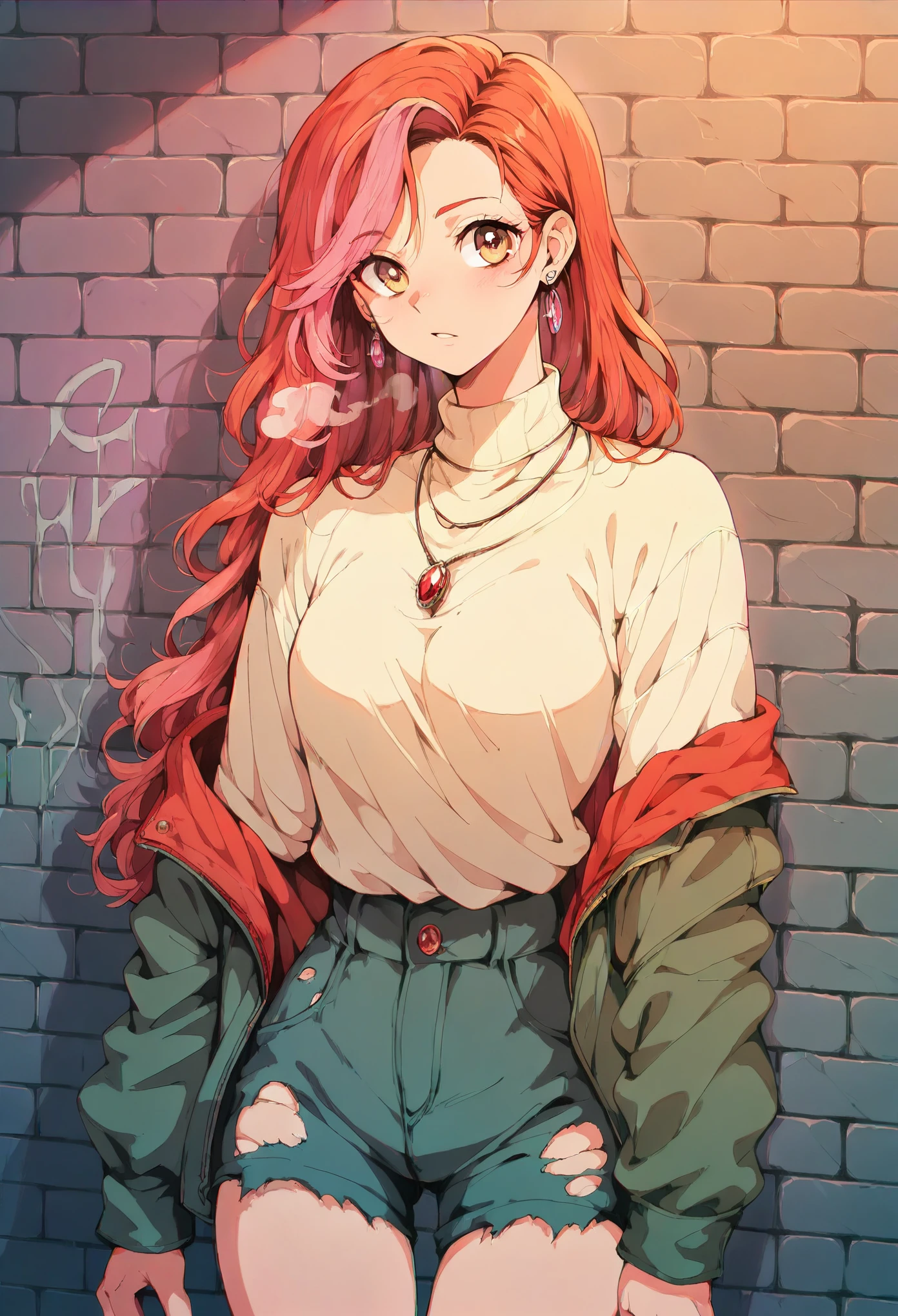 (masterpiece, Highest quality, 1 girl, alone, Intricate details, chromatic aberration), Realistic, ((Medium breath)),Long Hair, Redhead, Red ornament on head, pink highlights, Amber Eyes, Earrings, Sharp eyes, necklace, Neon Shirt, Torn shorts, Unbuttoned jacket, turtleneck, night, Against the wall, Brick wall, graffiti, Dim lighting, alley, View your viewers