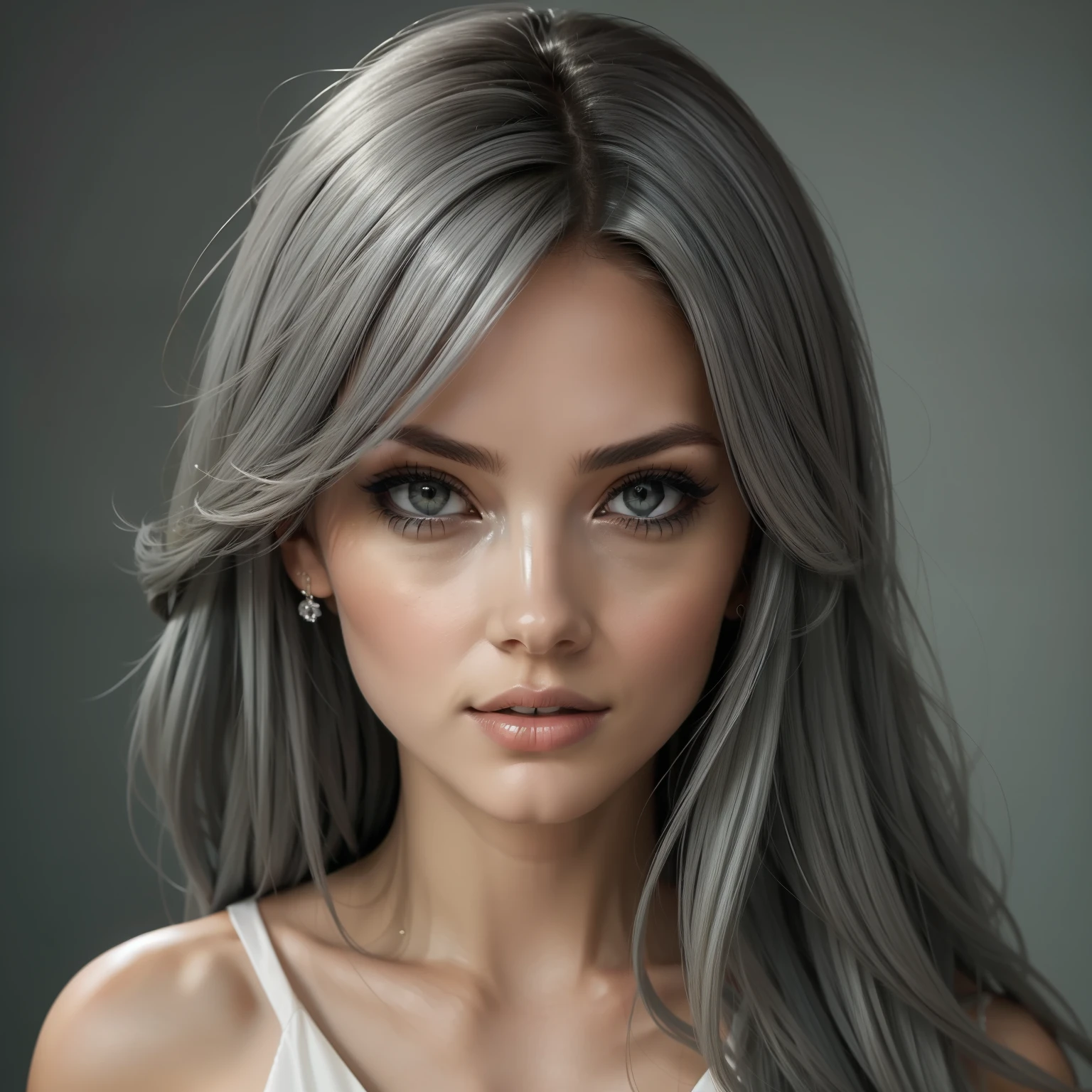 Create an image of a confident woman exuding elegance and charm, with flowing hair and striking (((grey|clear eyes))). She should be posed in a soft, natural light setting, wearing a stylish yet understated outfit that enhances her allure. The background should be a subtle blend of colors to ensure the focus remains on her captivating expression.