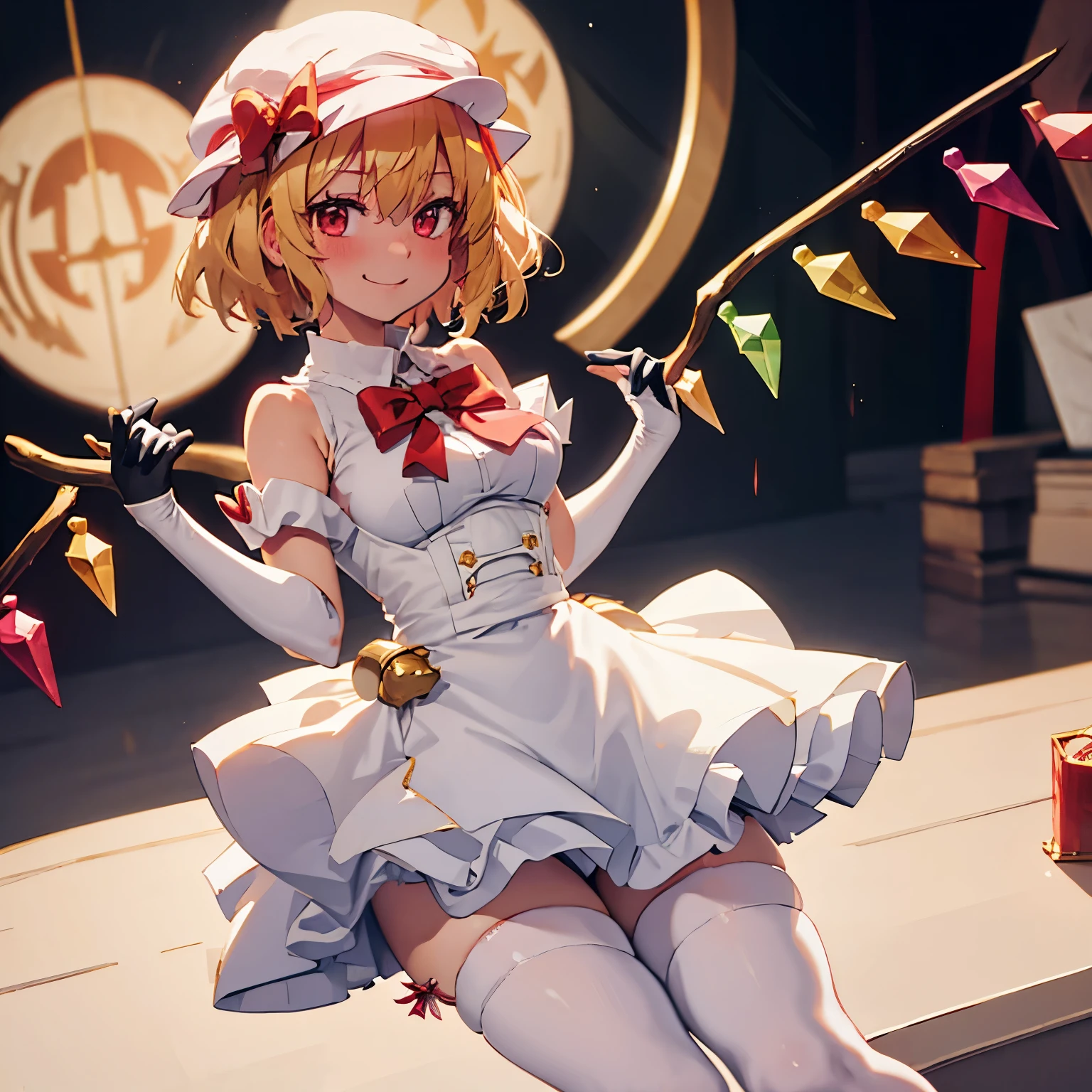 flandre_scarlet_touhou, blonde_hair, wings, red_eyes, crystal, bangs, ribbon, bow, blush, smile, vest, hair_between_eyes, red_bow, red_ribbon, hat_ribbon, short_hair, aether foundation employee, white clothes, pouch, thigh boots, gloves, white pantyhose, short shorts