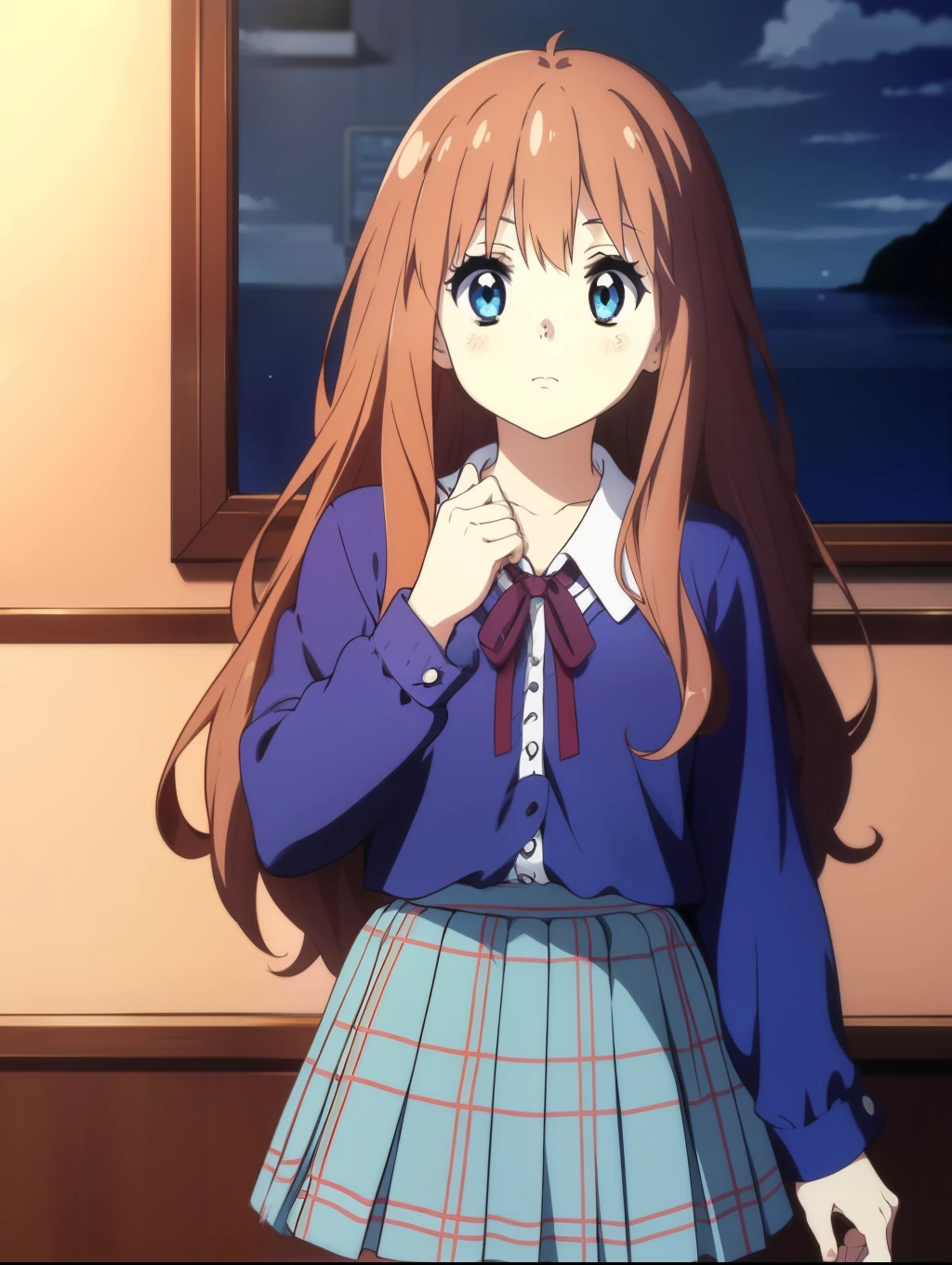 Ai shindou, 1girl, solo, long hair, floating hair, blue skirt, blue uniform, brown hair,  long sleeves, blue sea eyes, plaid, nose cover, nose cover with hand, plaid skirt, ribbon, cowboy Shot,
home in the room,
masterpiece, high quality, very_high_resolution, large_filesize, full color,