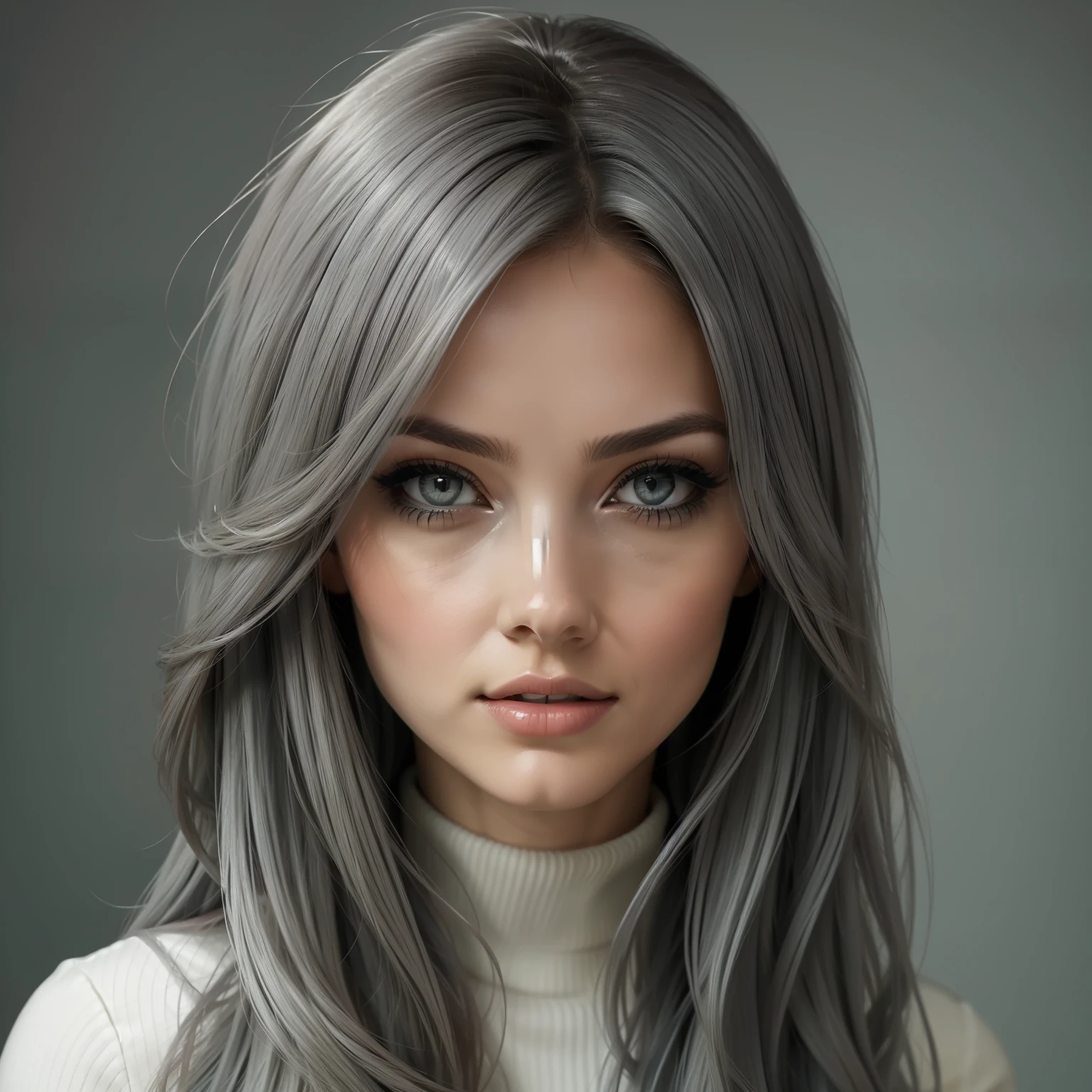 Create an image of a confident woman exuding elegance and charm, with flowing hair and striking (((grey|clear eyes))). She should be posed in a soft, natural light setting, wearing a stylish yet understated outfit that enhances her allure. The background should be a subtle blend of colors to ensure the focus remains on her captivating expression.