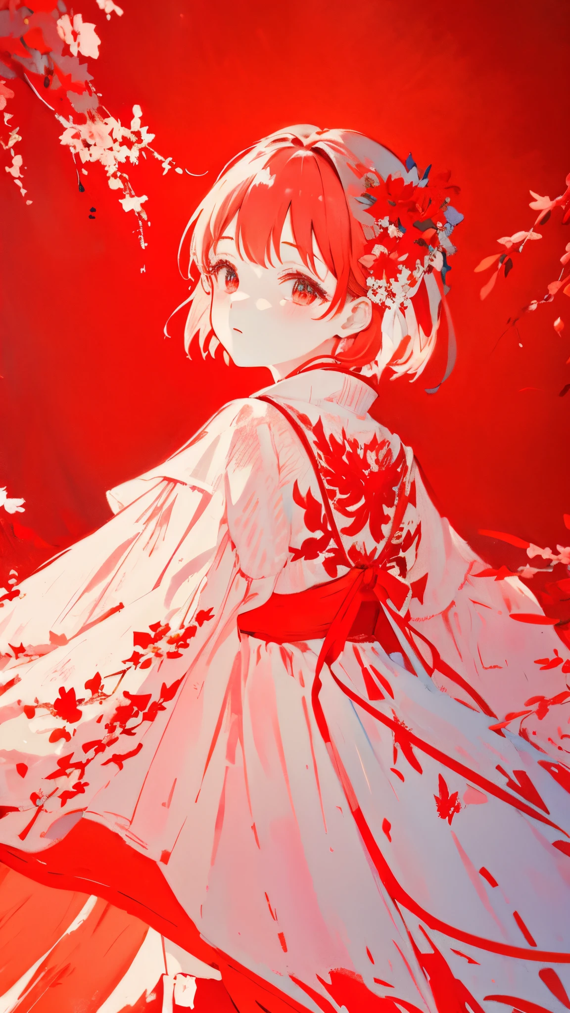 teacher、limited palette、colourfull、landscapes、Woman in wedding dress、the woods、natta、Red flowers、red leaves、Detailed background、​masterpiece、top-quality、