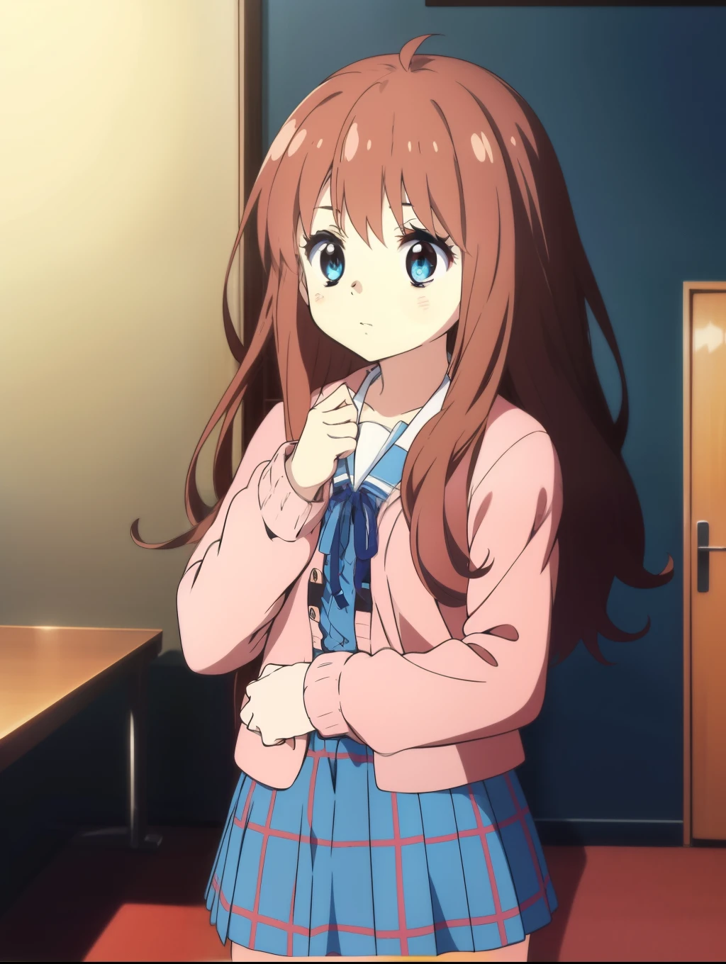 Ai shindou, 1girl, solo, long hair, floating hair, blue skirt, blue uniform, brown hair,  long sleeves, blue sea eyes, plaid, nose cover, nose cover with hand, plaid skirt, ribbon, cowboy Shot,
home in the room,
masterpiece, high quality, very_high_resolution, large_filesize, full color,