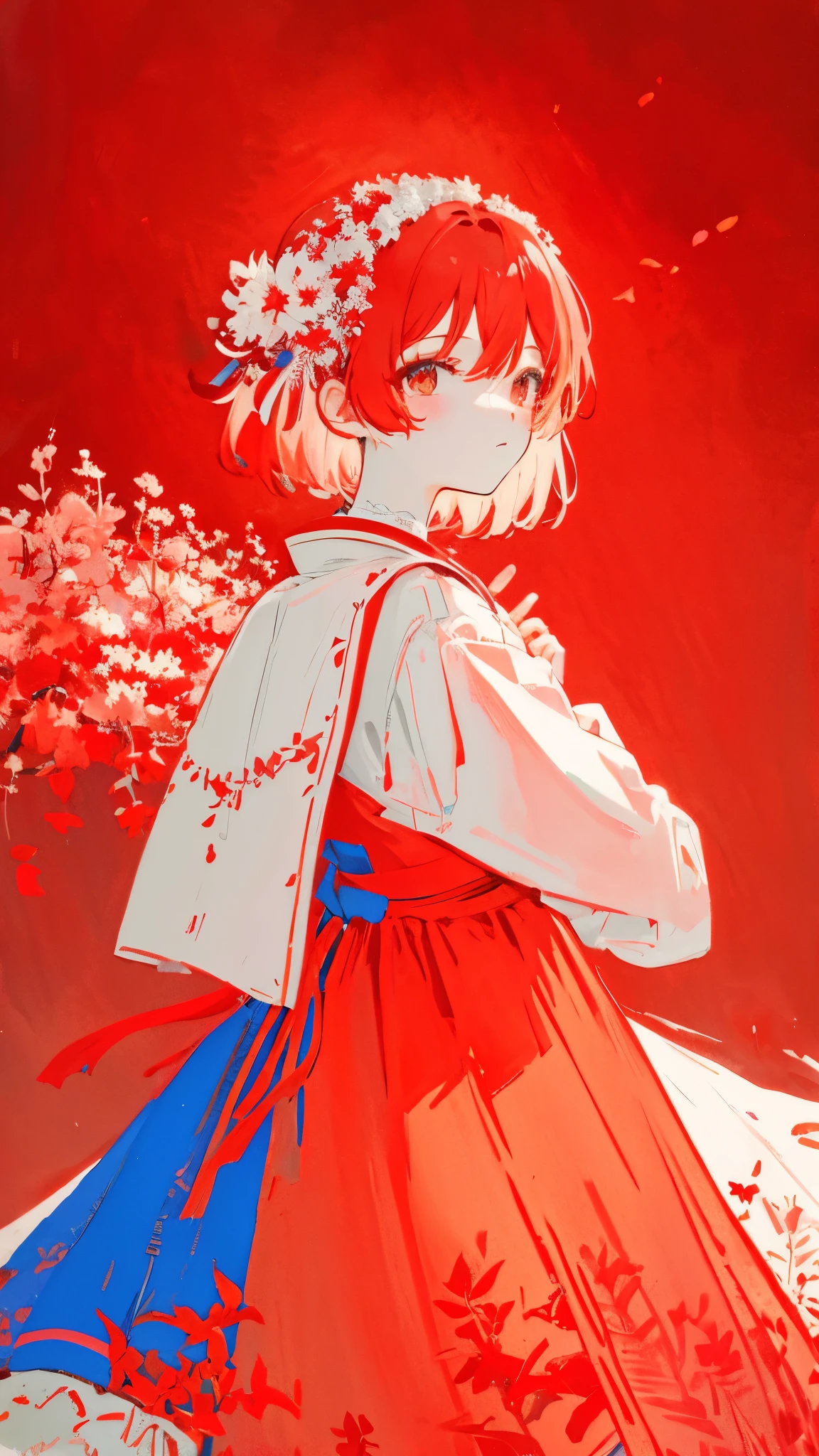 teacher、limited palette、colourfull、landscapes、Woman in wedding dress、the woods、natta、Red flowers、red leaves、Detailed background、​masterpiece、top-quality、