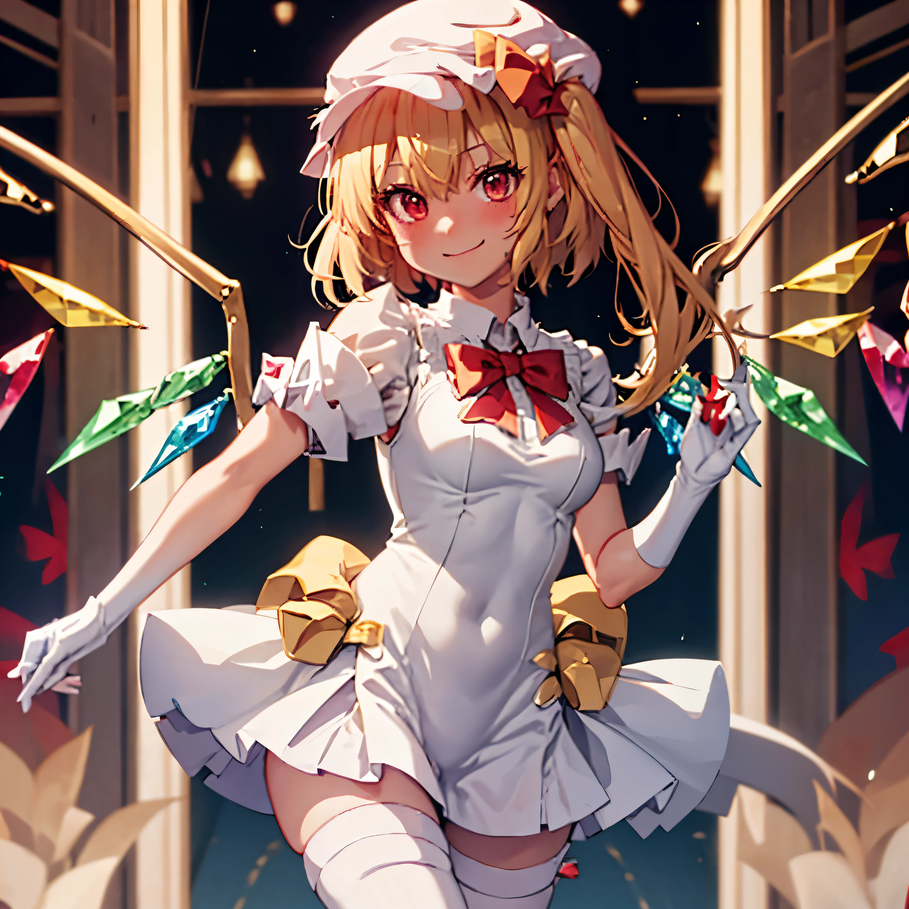 flandre_scarlet_touhou, blonde_hair, wings, red_eyes, crystal, bangs, ribbon, bow, blush, smile, vest, hair_between_eyes, red_bow, red_ribbon, hat_ribbon, short_hair, aether foundation employee, white clothes, pouch, thigh boots, gloves, white pantyhose,s hort shorts