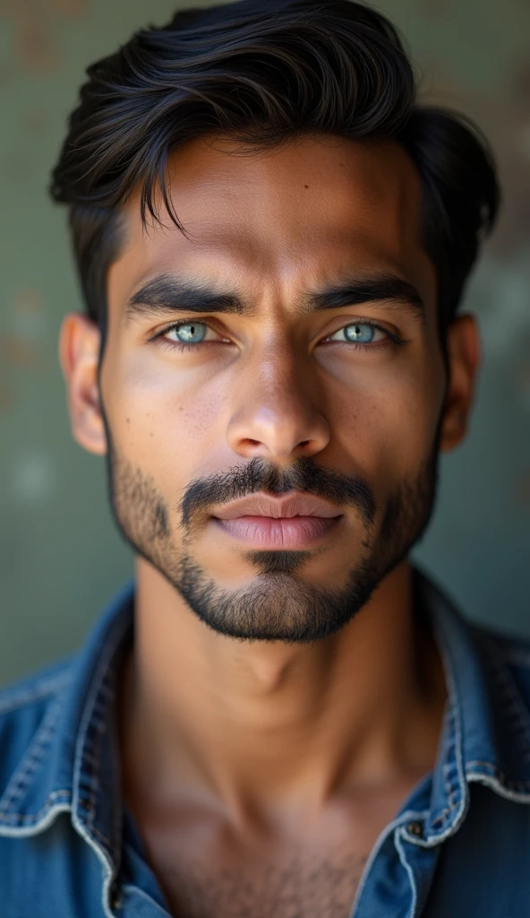 man, 25 years old, very hairy, (blue eyes), tan skin, handsome, no shirt, hairy chest, from Libia, FUJIFILM, cinematography, 16k, uhd, in a studio