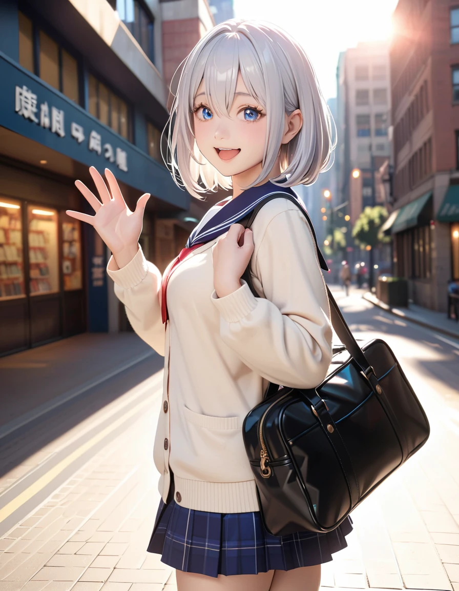 masterpiece, glowing particles, ambient lights, cute, 8K, hdr, high details, perfect lighting, perfect anatomy, BREAK (shiny silver hair:1.2), (bob cut, bang between eyes, beautiful hair), (glossy silver eyes:1.5), (beautiful eyes, twinkle eyes, large eyes), (athlete body, large breasts), cute face, beautiful face, pretty face, beautiful, best quality, good anatomy, long eyelashes, expressive eyes, Perfect Hands, perfecteyes, BREAK morning, sunshine, high school uniform, beige cardigan, city, holding school bag, (walking), looking back, right arm up, She's waving her right hand, embarrassed, happy, close eyes, open mouth, laugh,