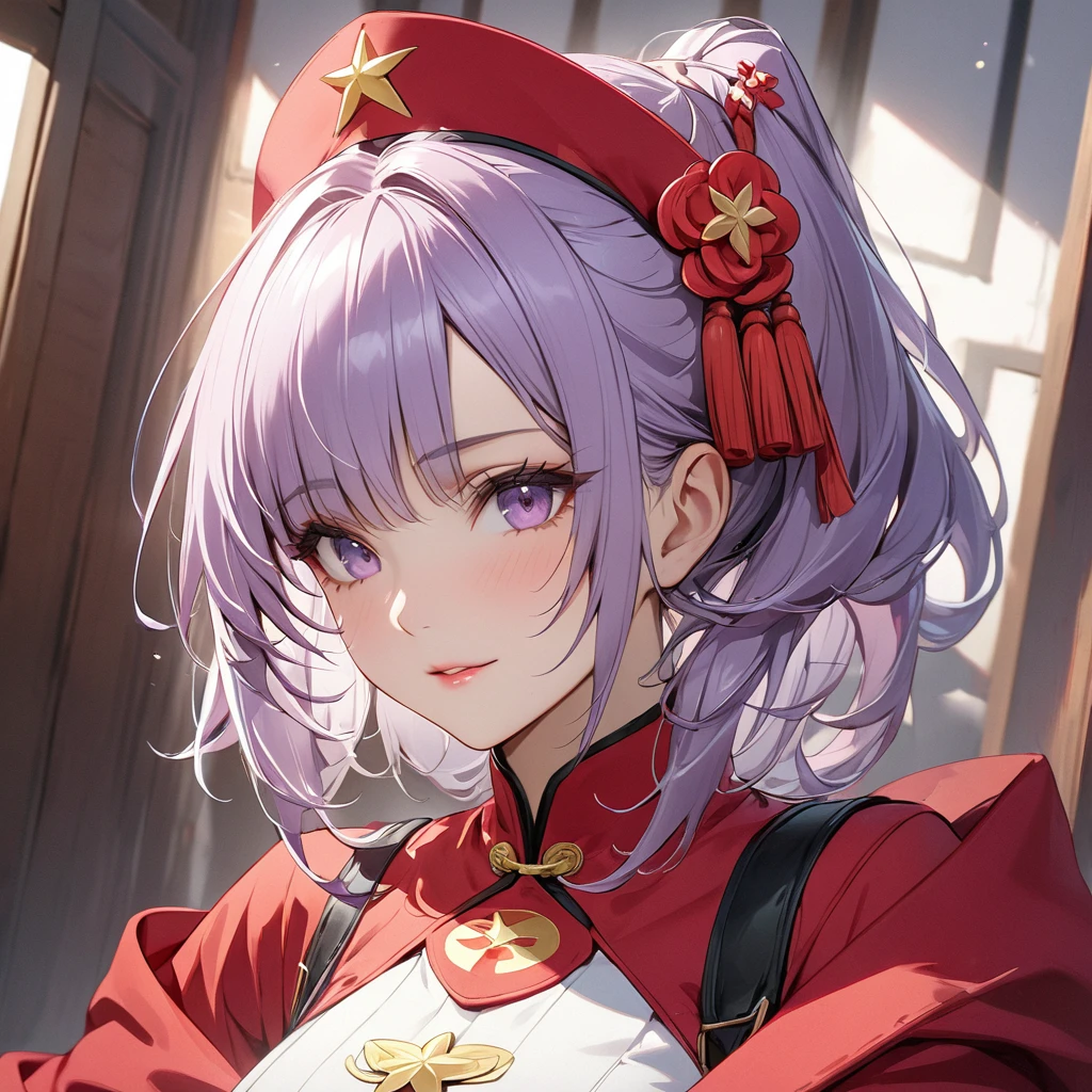 ((Highest quality)), ((masterpiece)), (detailed), （Perfect Face）、The woman has light purple hair in Extia Magica、The woman is wearing the Chinese Communist Party&#39;s Mao suit.