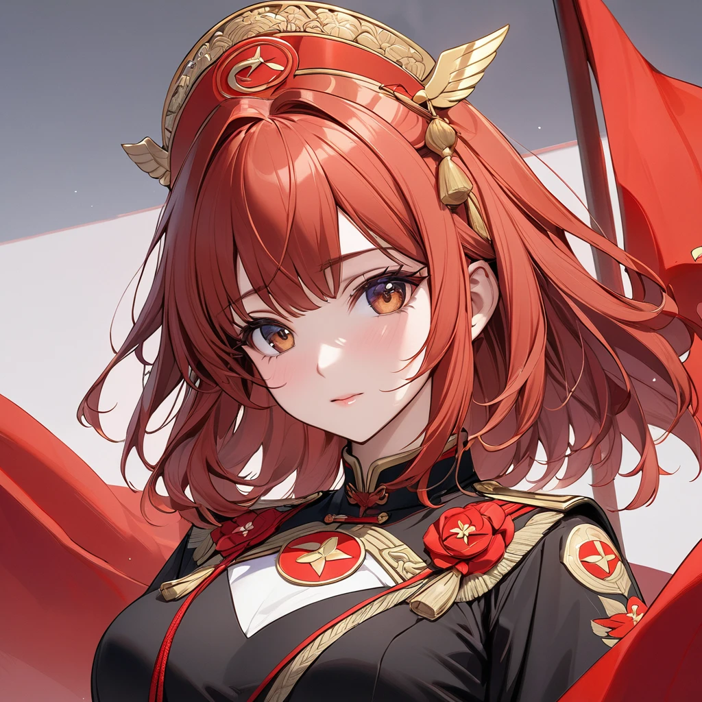 ((Highest quality)), ((masterpiece)), (detailed), （Perfect Face）The woman is a Celica with red hair.、The woman is wearing the Chinese Communist Party&#39;s Mao suit.