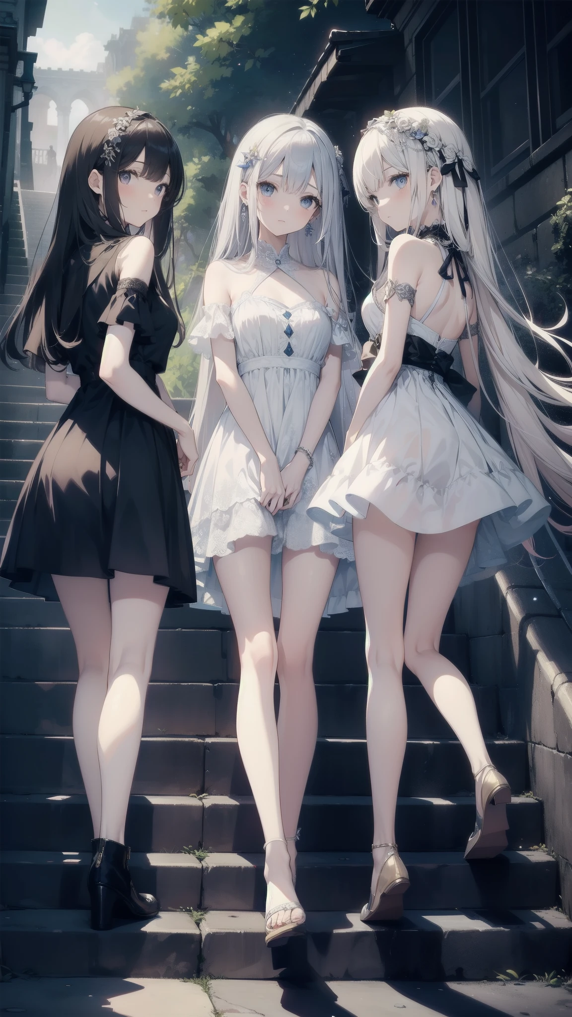 Masterpiece Top Quality

Three Girls Adorned in Delicate Dresses,Their faces showed disgust and contempt，  Akin to the Squid Game Characters

1. With Straight Long Hair, Pale as the Moon，Back，Go up the stairs，Stairs，underwear，Soaked，transparent，Sweat，High heel