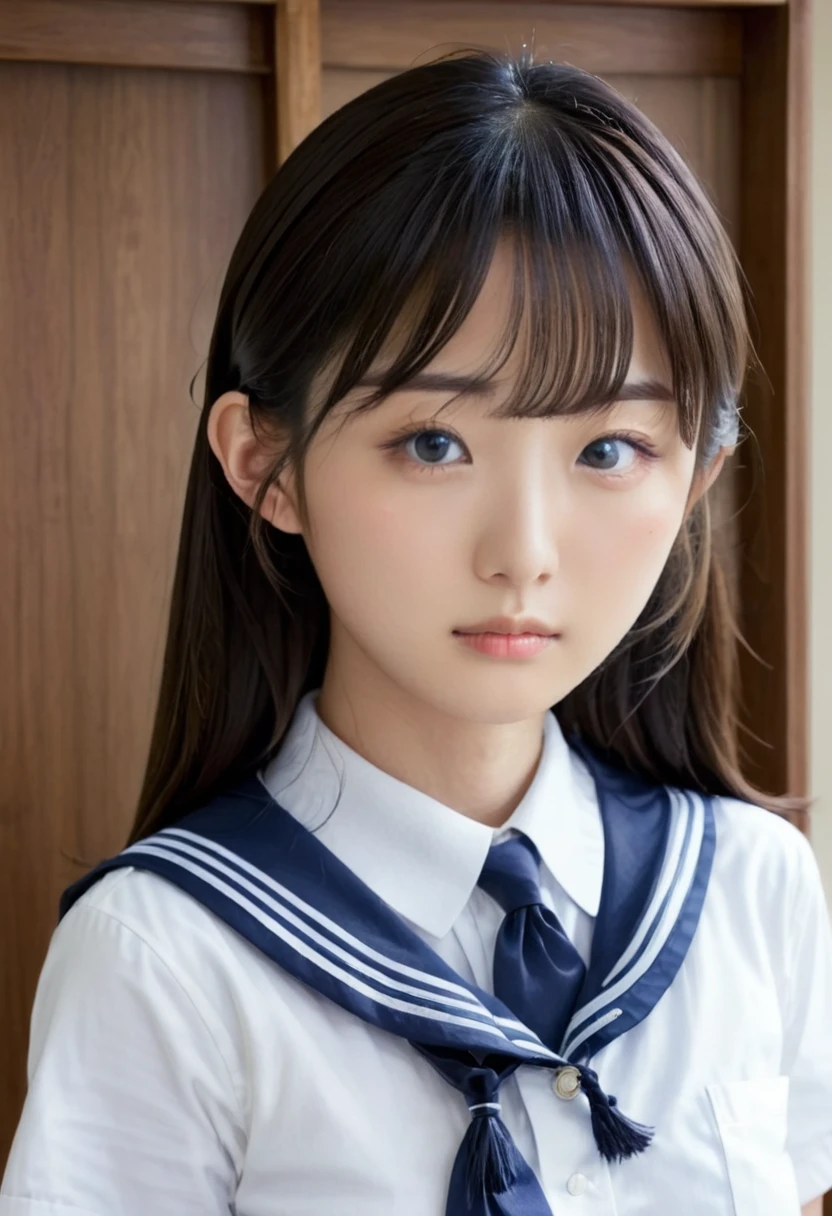 masterpiece , Highest quality , Japanese , Cute Face , 2 , (Symmetrical, clear eyes:1.3) , Shining Eyes  , Cowboy Shot,Sailor suit,Takushiage,Ha High School Uniforms、Browsing Caution、penis,Missionary sex:1.3)、Pouty face