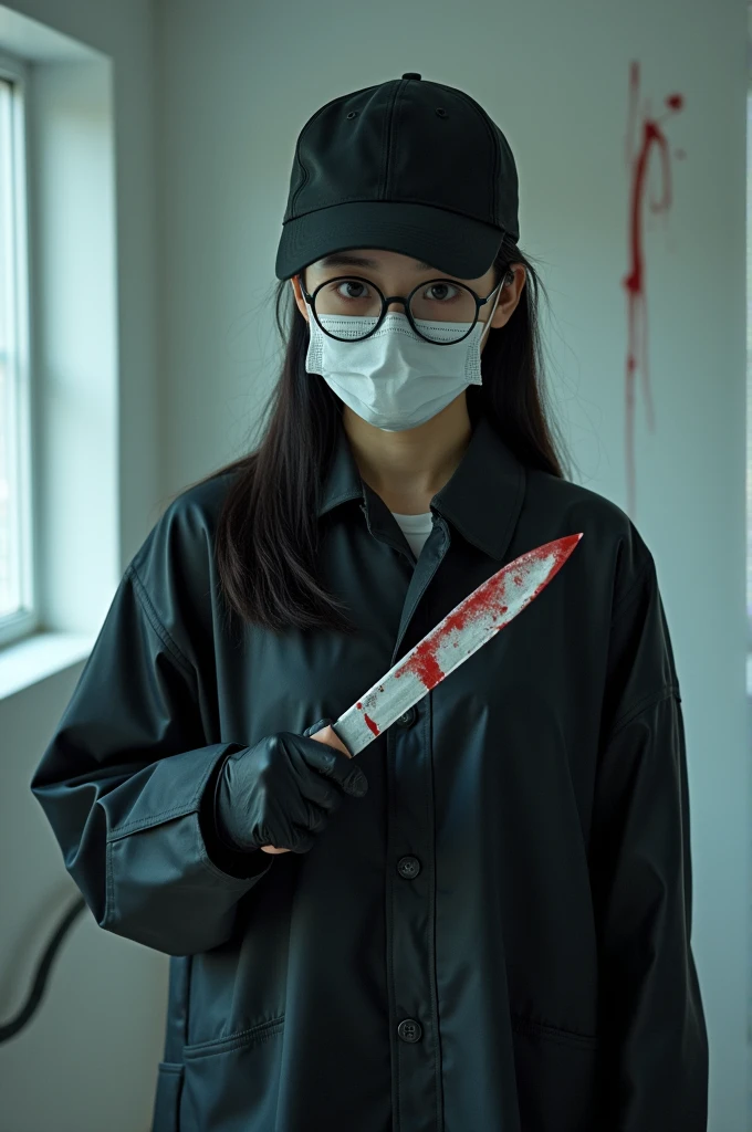 korean girl, (behind corpse, surgical mask), holding knife, stabbing, black gloves, room full of blood, black raincoat, bucket hat, holding knife, black gloves, behind corpse, blood splatter, bondage, long bangs, bed room, black wet suit, night, mass murderer, killer, robbery, dark atmosphere, cinematic lighting, atmospheric realistic, close-up,