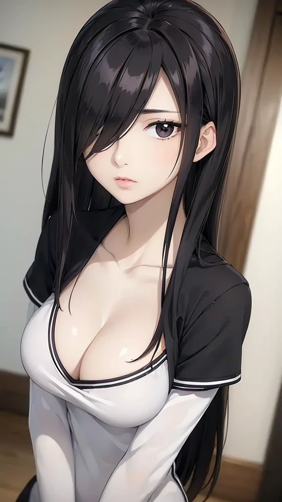 (((masterpiece))), (((best quality))), ((ultra-detailed)), (highly detailed CG illustration), (masterpiece:1.5), Detailed Photo, innocent shy, (Best Quality: 1.4), (1girl), Beautiful Face, (Black Hair, long Hair: 1.3), Beautiful Hairstyle, beautiful detail eyes, (realistic skin), beautiful skin, absurd, attractive, ultra high resolution, high definition, shy pose, full body view,Beautiful, black motif pajama, busty breast,(hair over one eye:1.4), Messy hair,hair between eyes,pubic hair pussy, dense pubic Hairy pussy ,pucker lips.