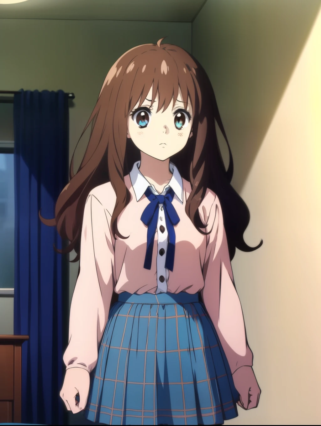 Ai shindou, 1girl, solo, long hair, floating hair, blue skirt, blue uniform, brown hair,  long sleeves, blue sea eyes, plaid, disgust expression, sad, plaid skirt, ribbon, cowboy Shot,
home in the room,
masterpiece, high quality, very_high_resolution, large_filesize, full color,