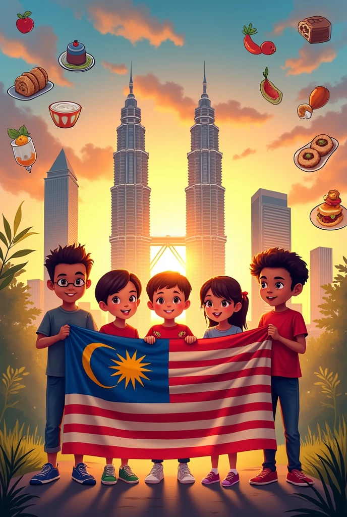 cute cartoon chubby hijab girl,indian boy and chinese girl holding malaysia flag and holding hands png