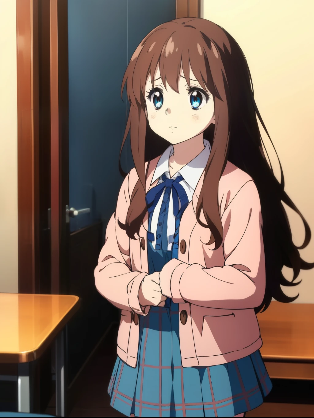 Ai shindou, 1girl, solo, long hair, floating hair, blue skirt, blue uniform, brown hair,  long sleeves, blue sea eyes, plaid, disgust expression, sad, plaid skirt, ribbon, cowboy Shot,
home in the room,
masterpiece, high quality, very_high_resolution, large_filesize, full color,